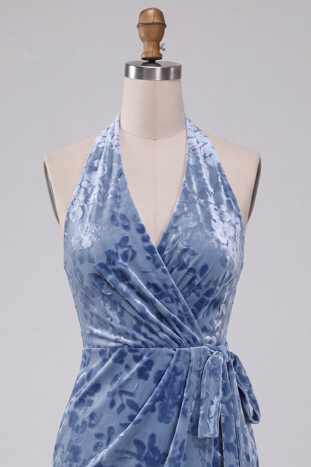 Slate Blue Bodycon Halter Velvet Ruched Midi Homecoming Dress with Sash
