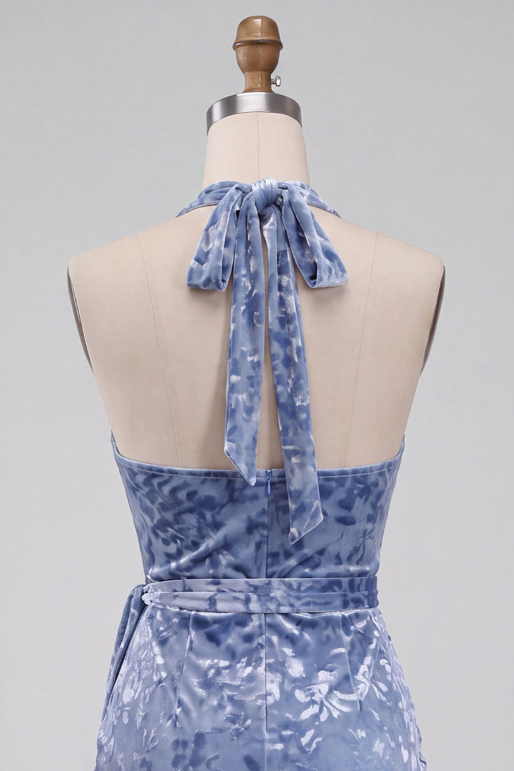 Slate Blue Bodycon Halter Velvet Ruched Midi Homecoming Dress with Sash