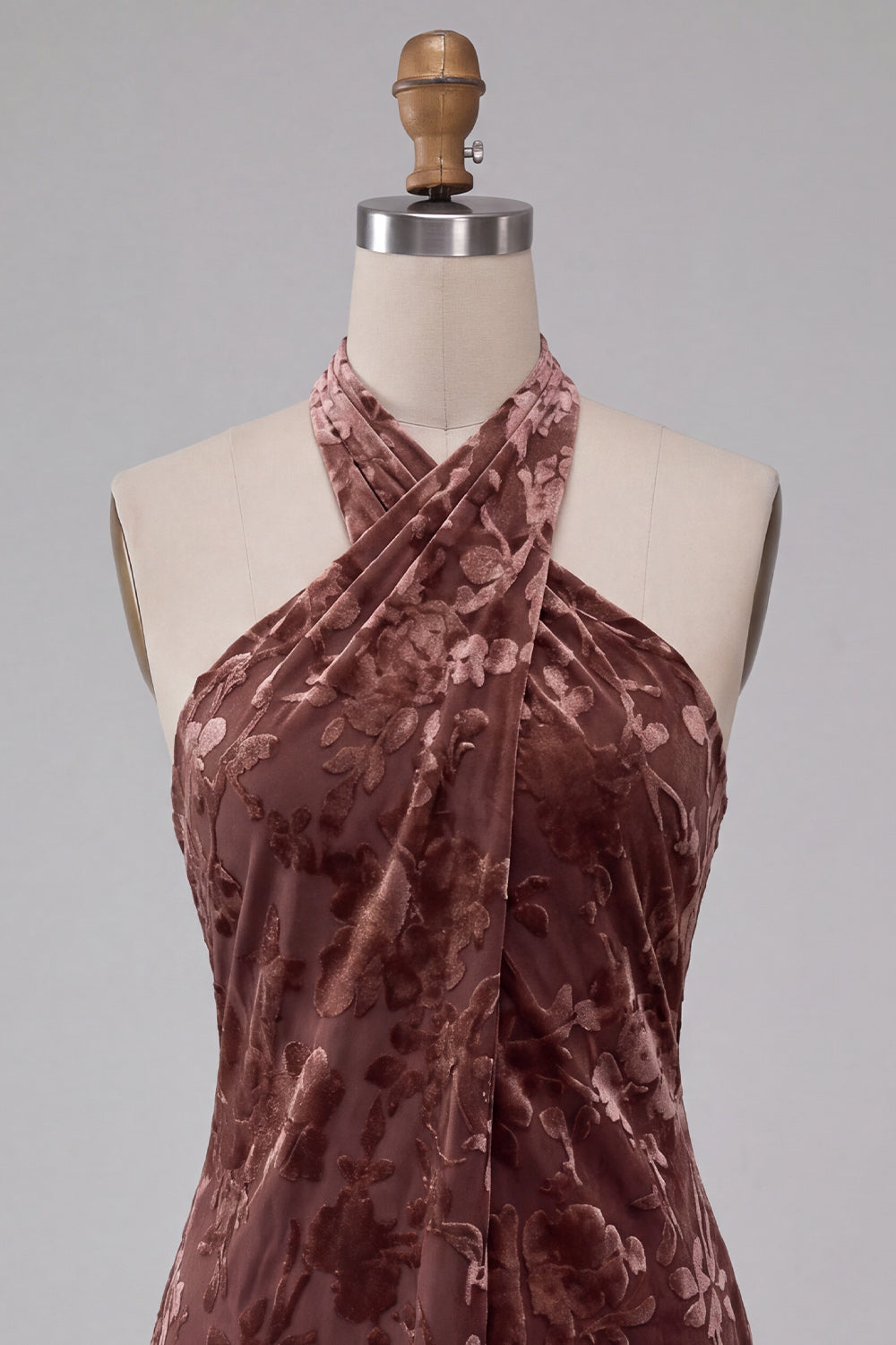 Khaki Bodycon Halter Burnout Velvet Short Cocktail Dress