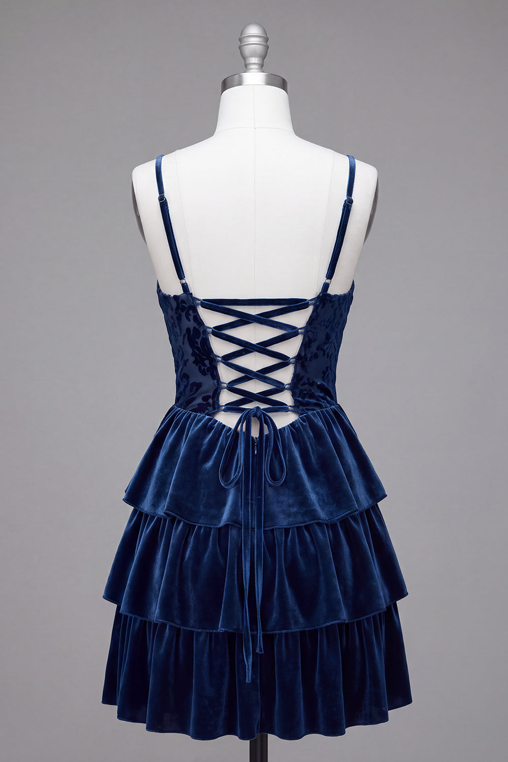 Navy A-Line Corset Burnout Velvet Tiered Ruffle Short Homecoming Dress with Lace Up Back
