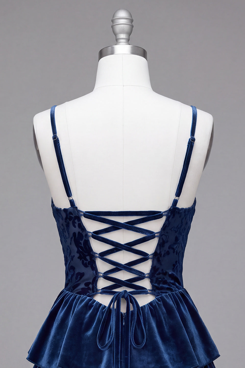 Navy A-Line Corset Burnout Velvet Tiered Ruffle Short Homecoming Dress with Lace Up Back