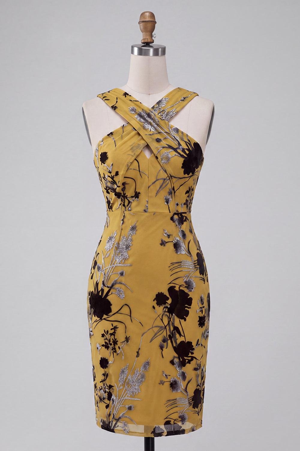 Ginger Yellow Sheath Keyhole Floral Midi Wedding Guest Dress