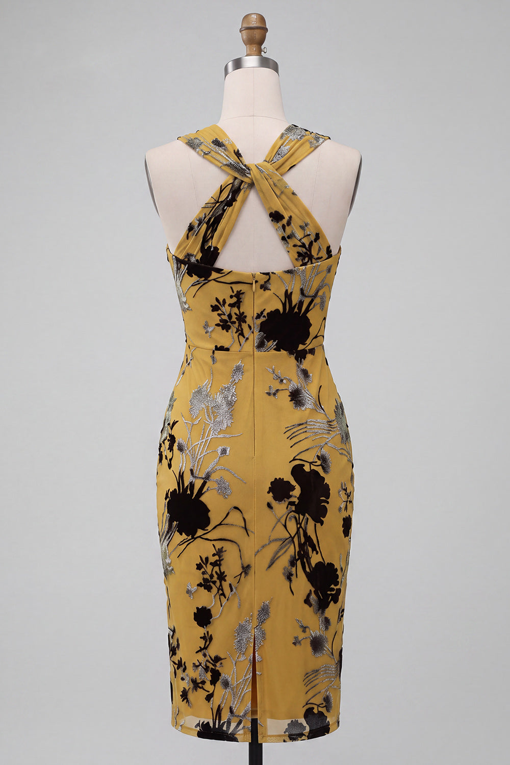 Ginger Yellow Sheath Keyhole Floral Midi Wedding Guest Dress