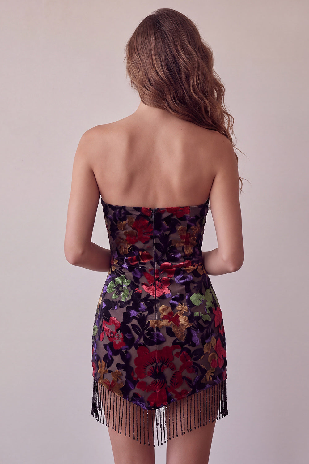 Black Strapless Floral Print Bodycon Mini Homecoming Dress with Fringe