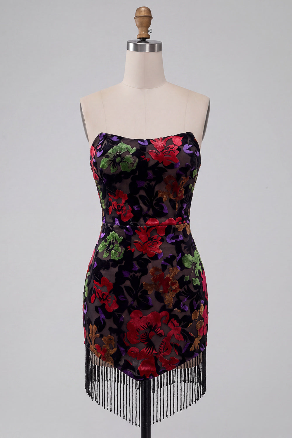 Black Strapless Floral Print Bodycon Mini Homecoming Dress with Fringe
