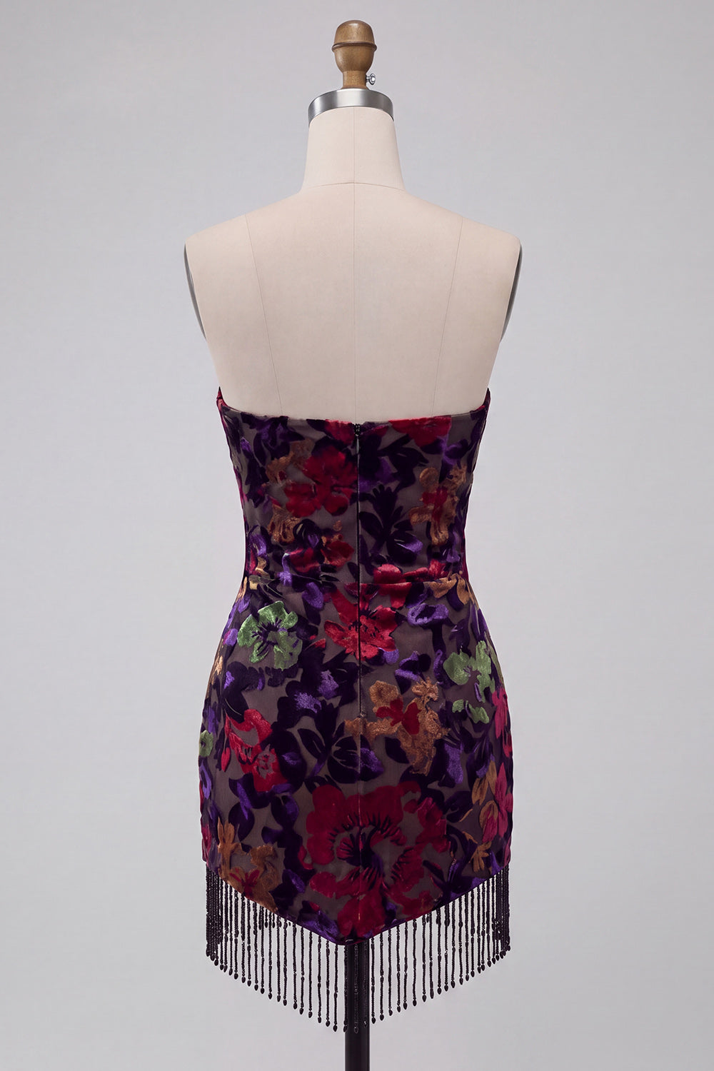 Black Strapless Floral Print Bodycon Mini Homecoming Dress with Fringe