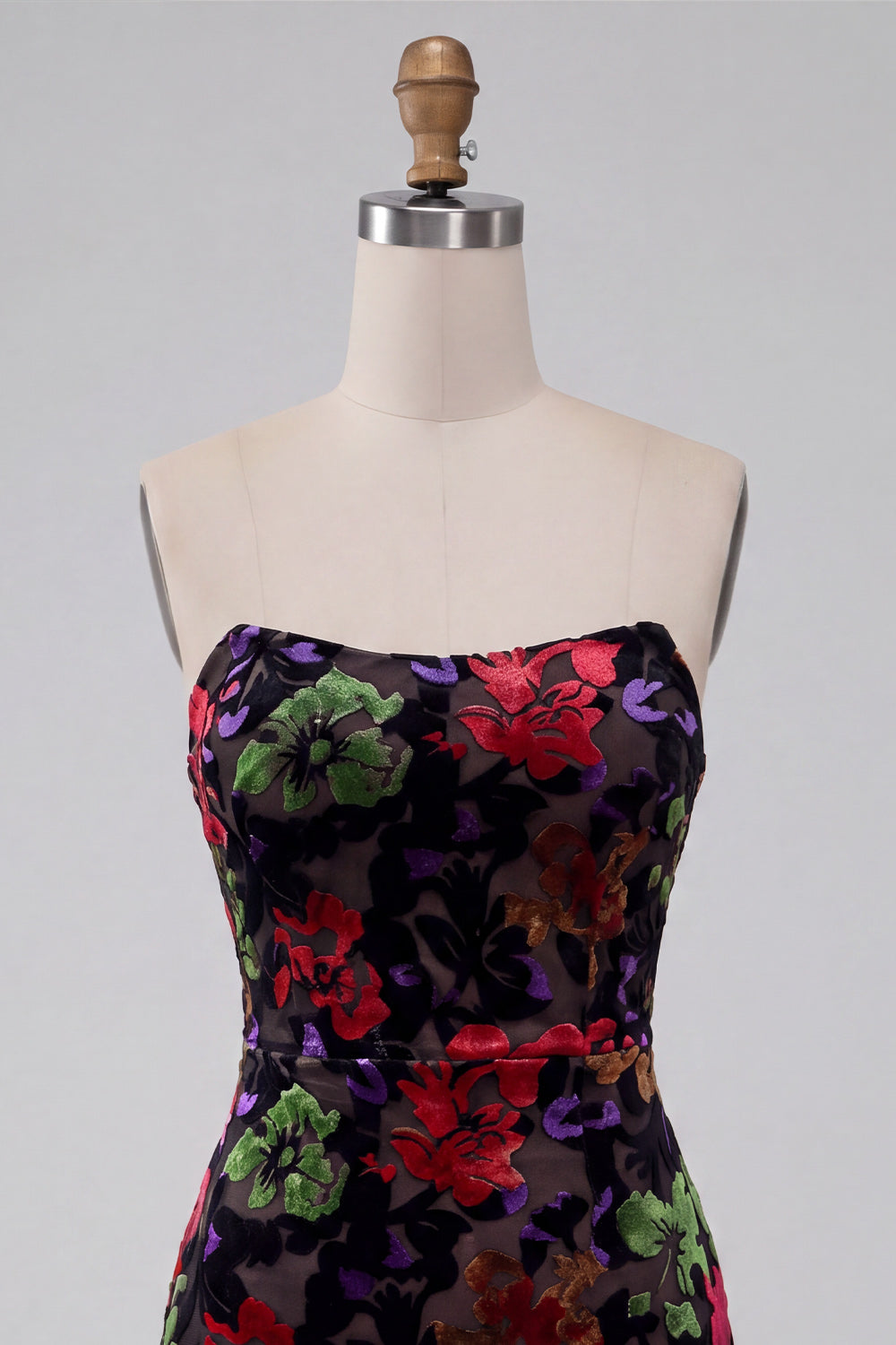 Black Strapless Floral Print Bodycon Mini Homecoming Dress with Fringe