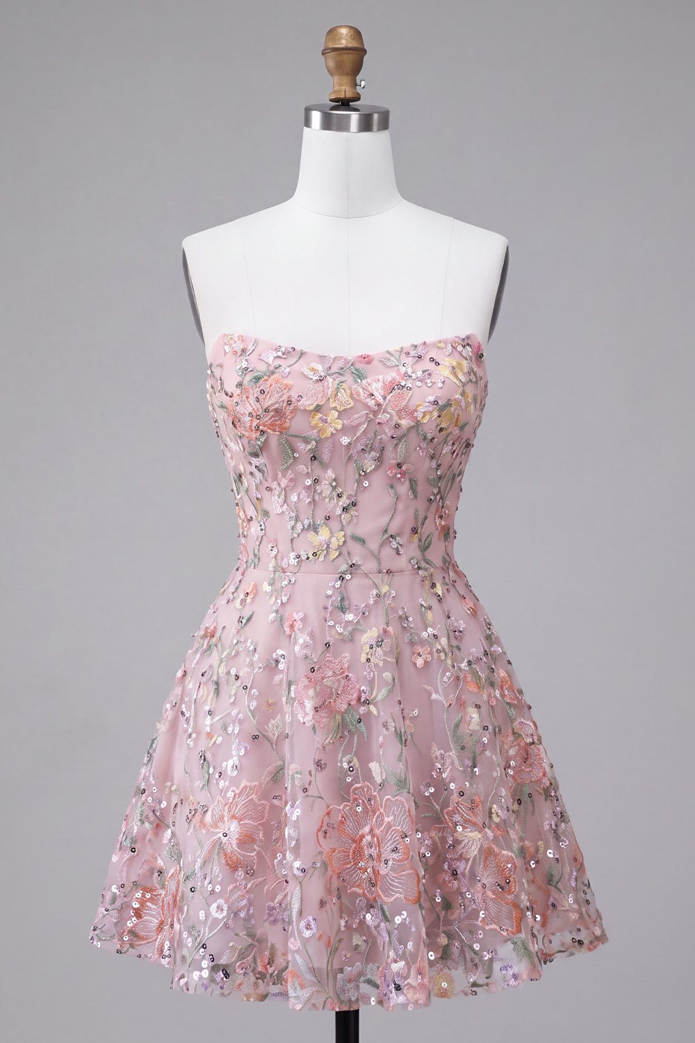 Blush Strapless A-Line Sequined Floral Embroidered Short Homecoming Dress
