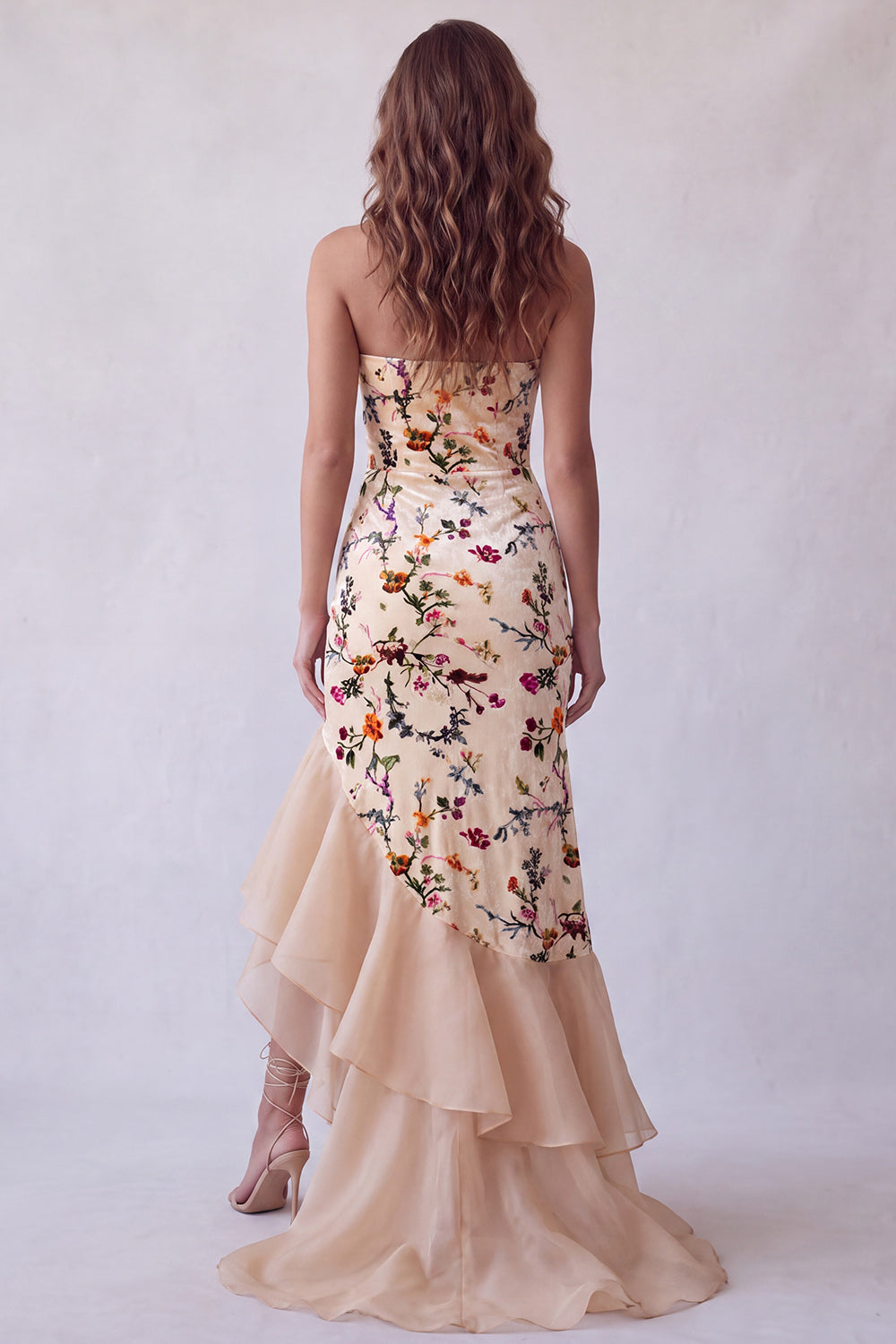 Robe de soirée longue sirène asymétrique en velours champagne imprimé bustier