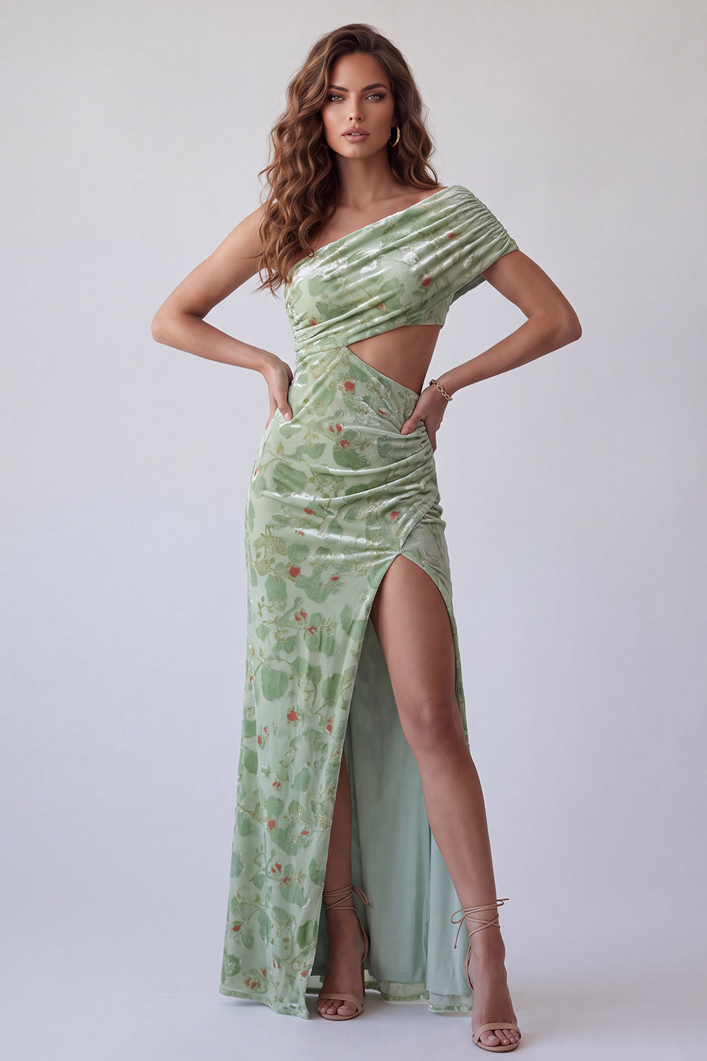 Floral Dusty Sage Printed One Shoulder Ruched Velvet Long Formal Dress with Side Slit