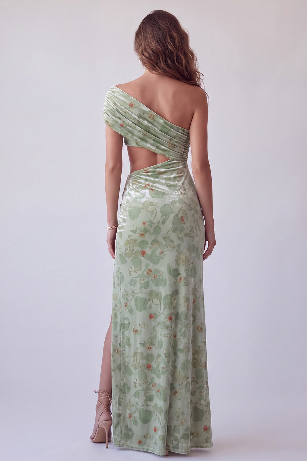 Floral Dusty Sage Printed One Shoulder Ruched Velvet Long Formal Dress with Side Slit