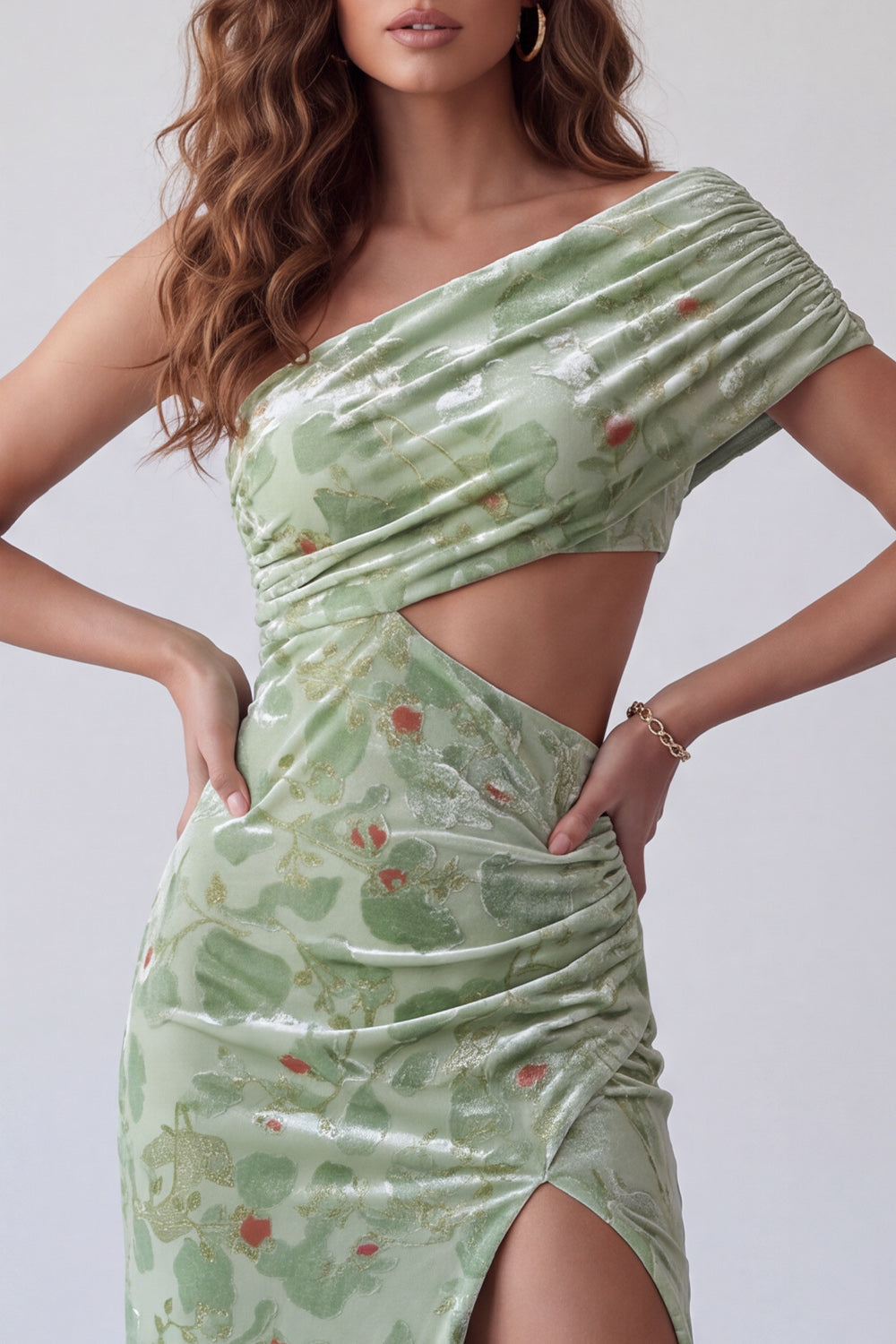 Floral Dusty Sage Printed One Shoulder Ruched Velvet Long Formal Dress with Side Slit
