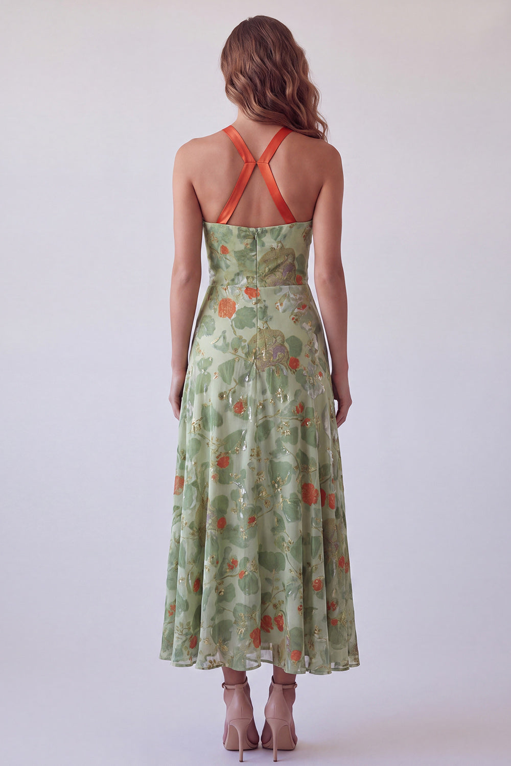Robe longue de cérémonie évasée à licou Dusty Sage avec nœud et motif floral