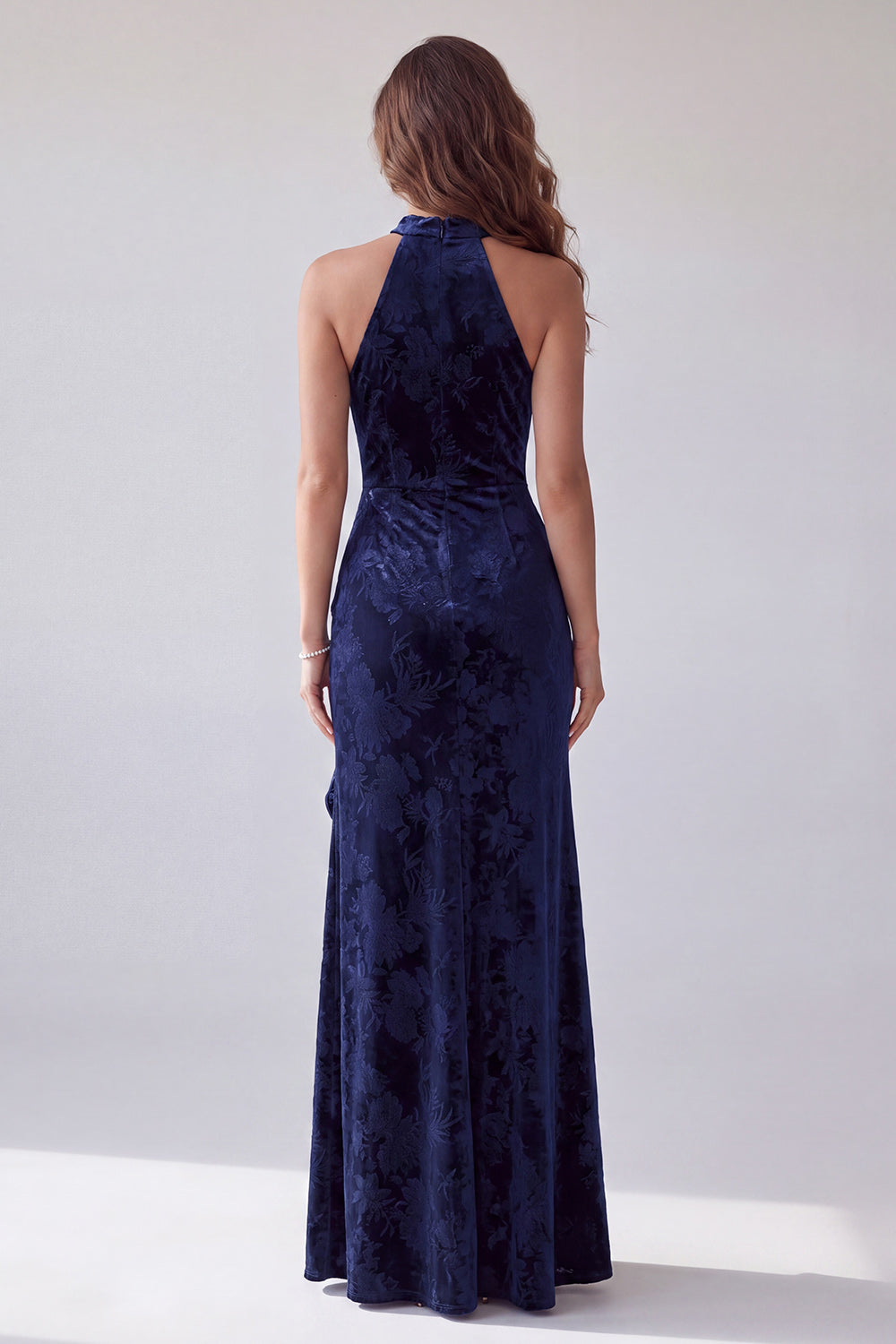 Navy Velvet Sheath Halter Long Evening Dress with Ruffles