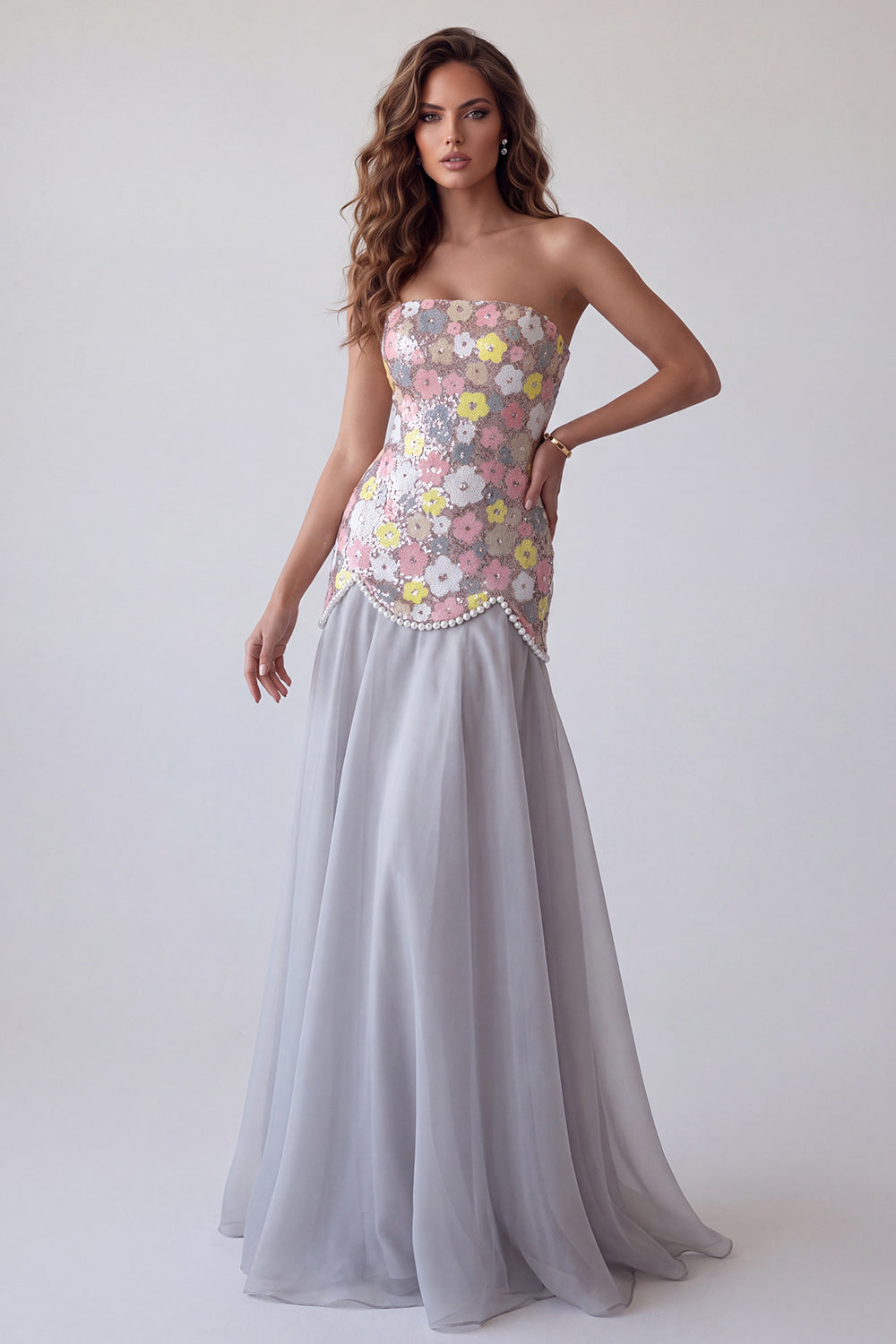 Sparkly Gray Mermaid Strapless Floral Long Formal Dress with Pearls