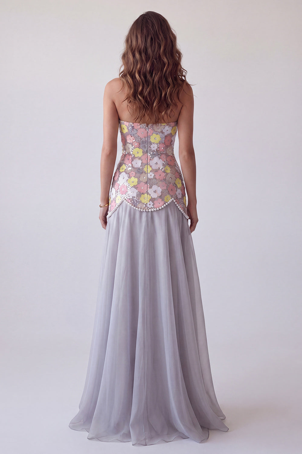 Sparkly Gray Mermaid Strapless Floral Long Formal Dress with Pearls