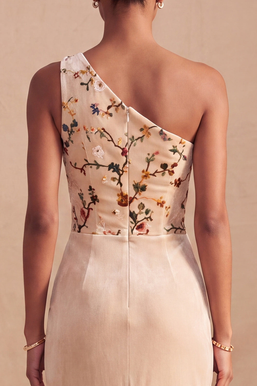 Champagne One Shoulder Velvet Sheath Floral Corset Ruched Long Formal Dress with Slit