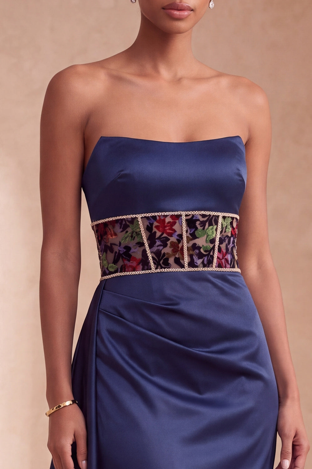 Navy Corset Satin Sheath Floral Strapless Ruched Long Formal Dress
