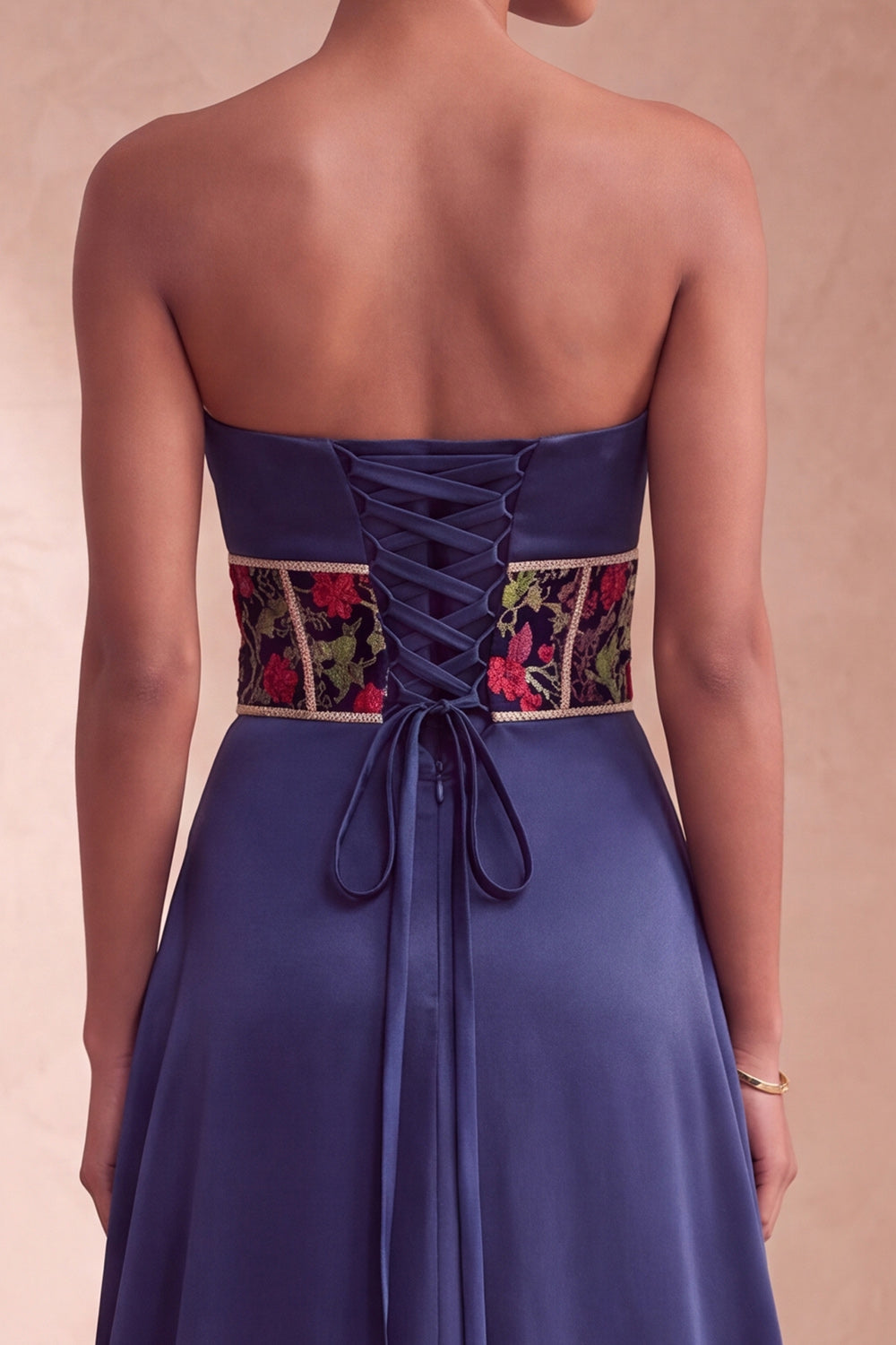 Navy Corset Satin Sheath Floral Strapless Ruched Long Formal Dress