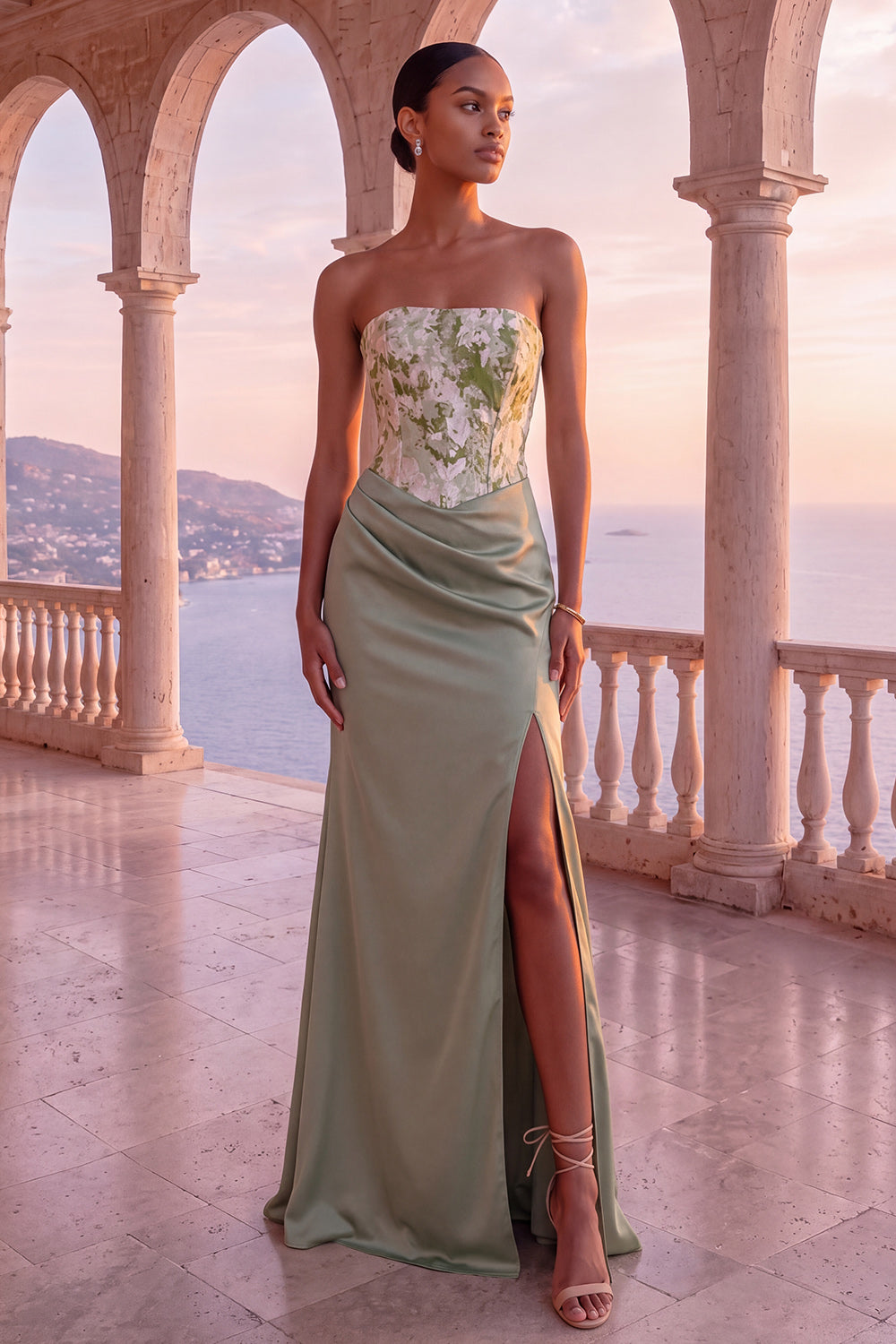 Floral Sage Green Corset Ruched Sheath Strapless Long Formal Dress with Slit