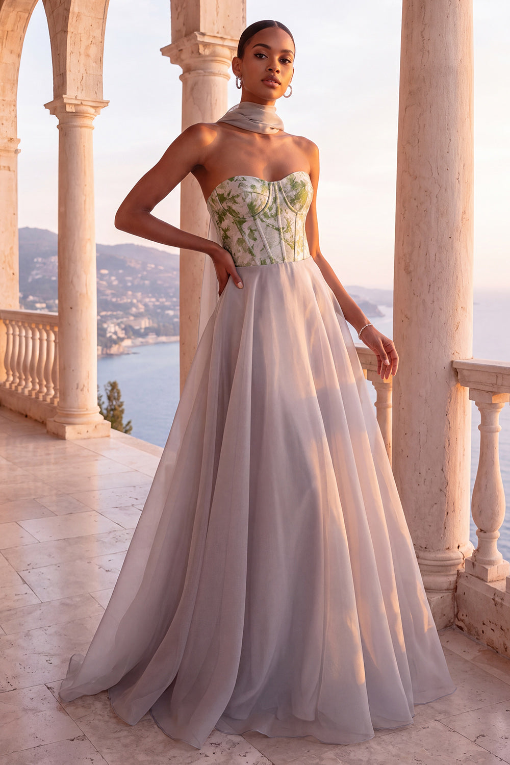 Light Grey Corset A-Line Organza Strapless Long Formal Dress with Neck Scarf