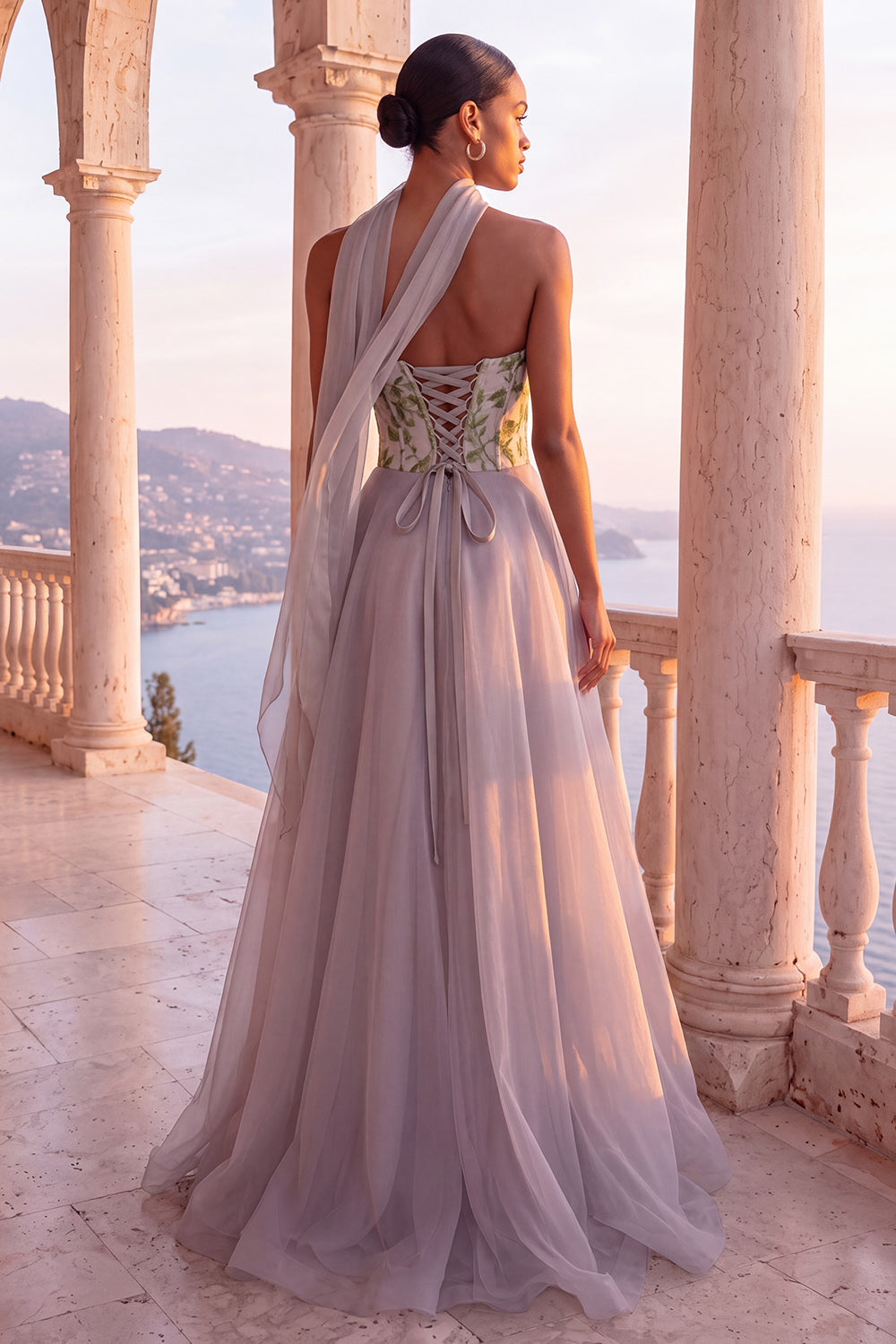 Light Grey Corset A-Line Organza Strapless Long Formal Dress with Neck Scarf
