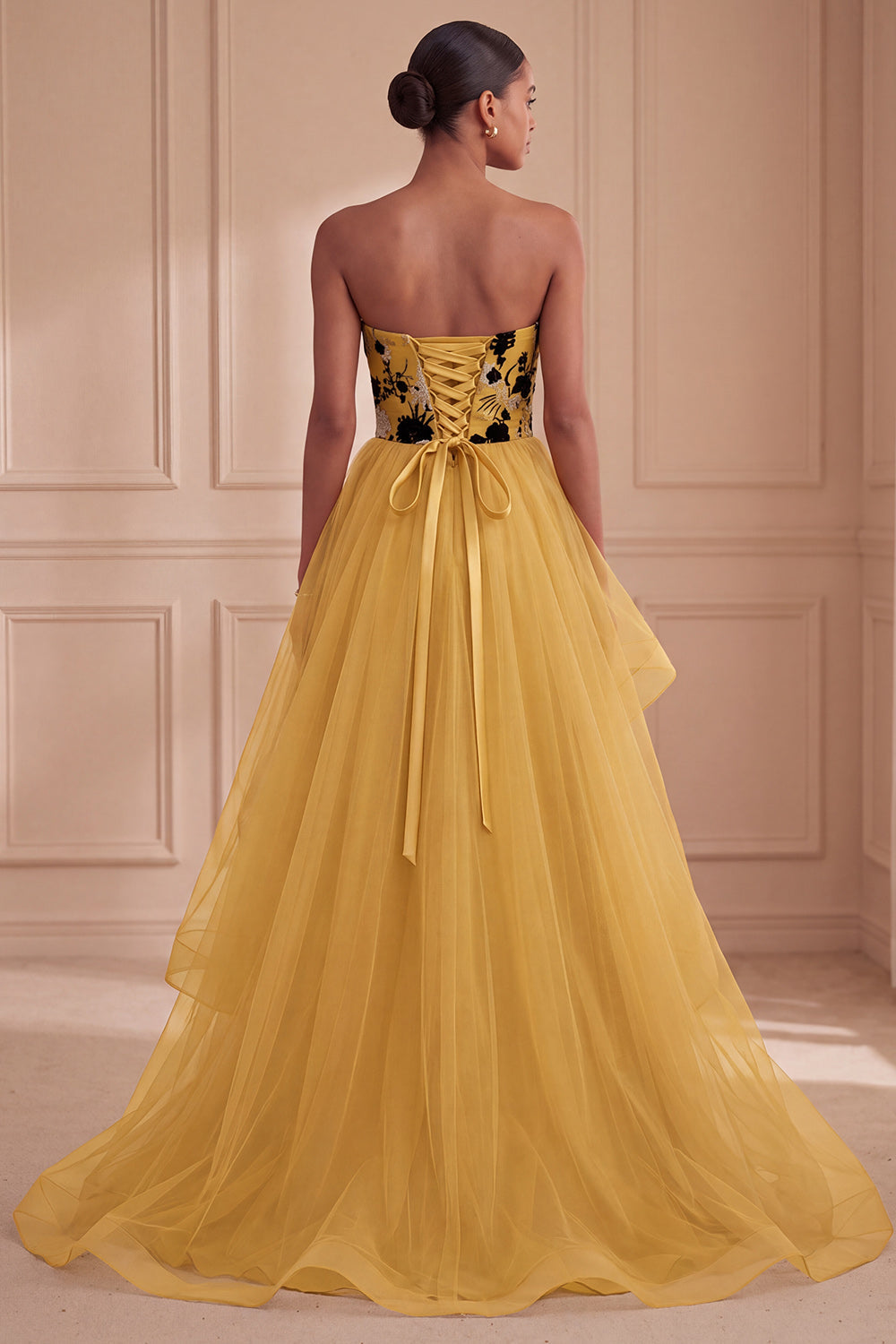 Ginger Yellow Strapless A-Line Tiered Printed Long Formal Dress
