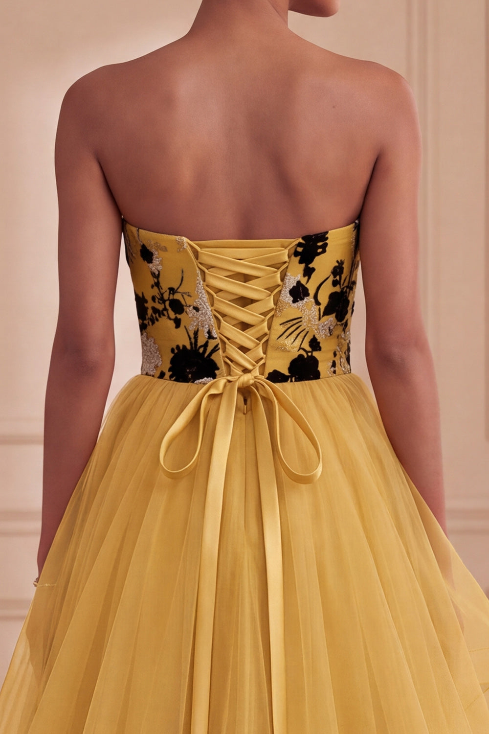 Ginger Yellow Strapless A-Line Tiered Printed Long Formal Dress