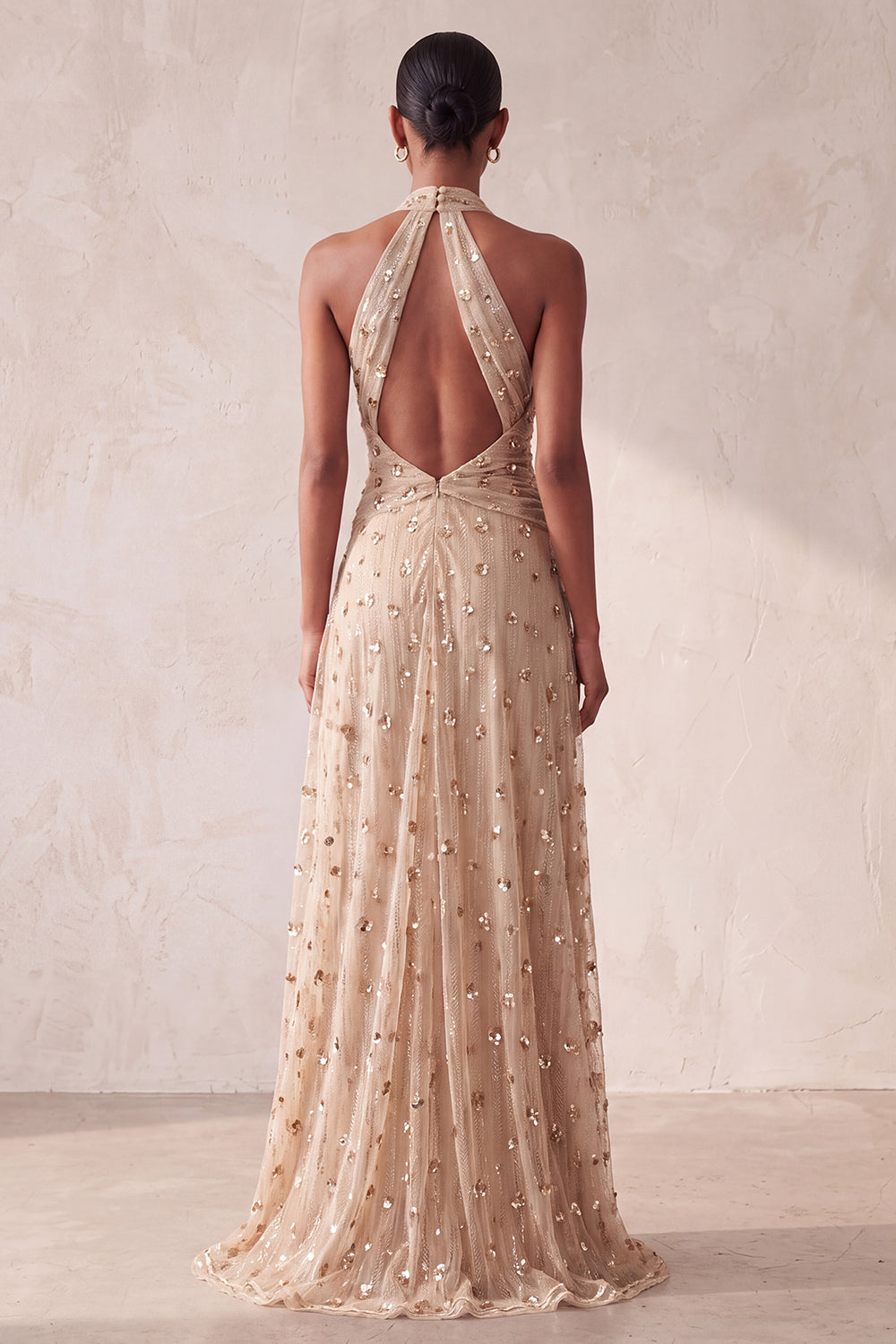 Robe longue de soirée kaki trapèze à licou, froncée, à sequins et perles, avec poches