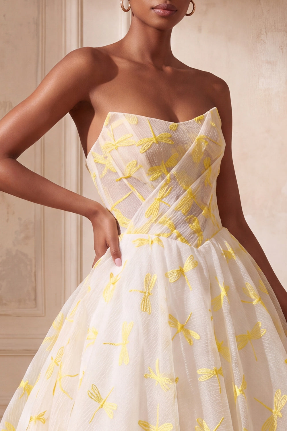 Ivory Ball Gown Strapless Organza Ruched Long Formal Dress