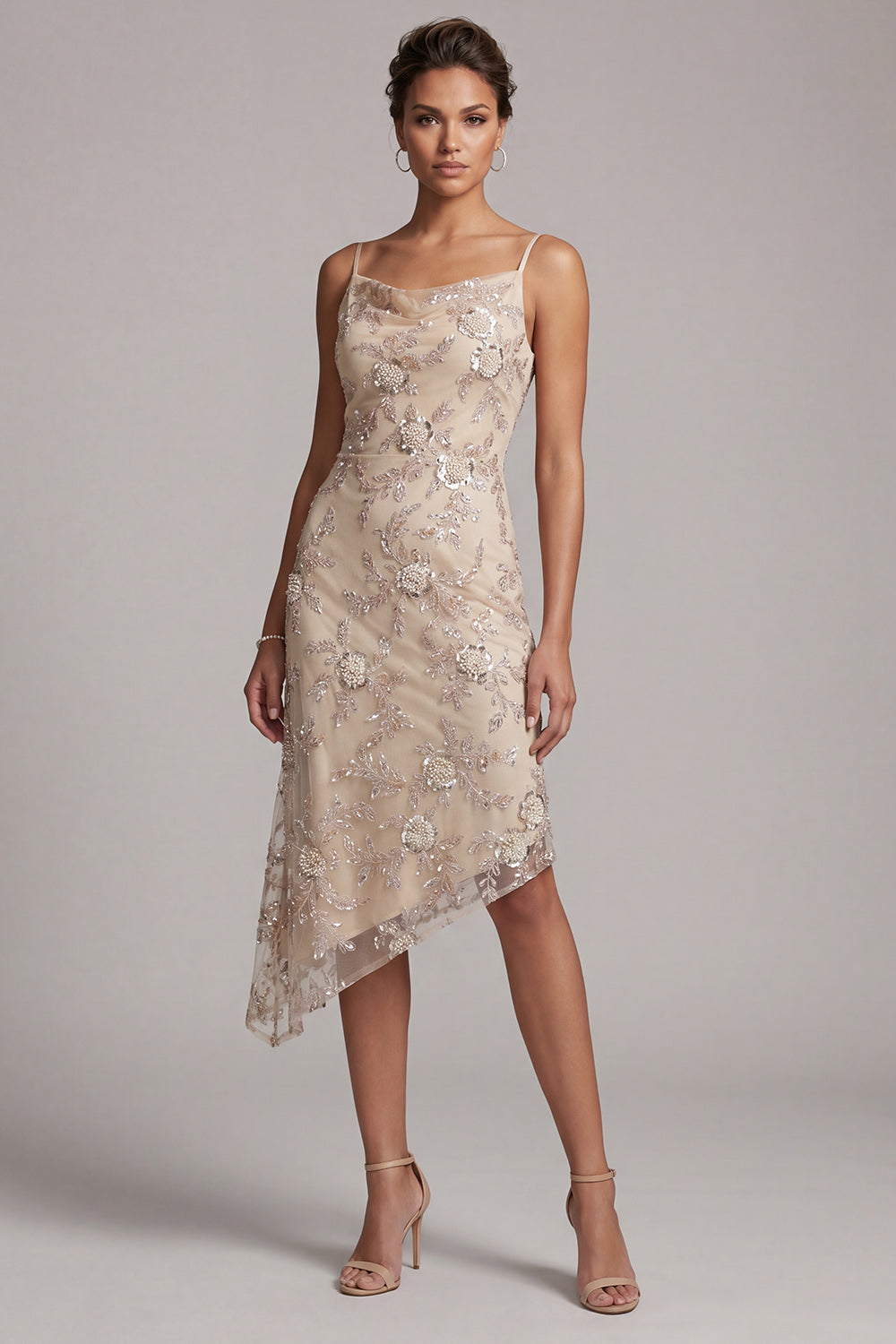 Champagne Sheath Cowl Asymmetrical Pearl Mother of the Bride Dress with Sequins