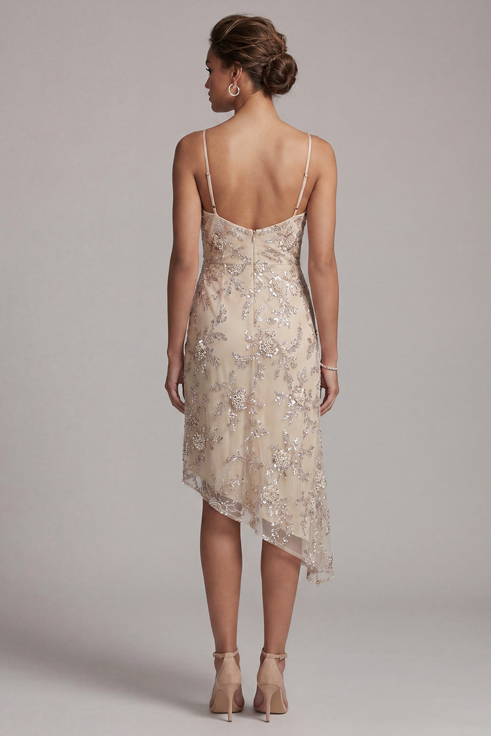 Champagne Sheath Cowl Asymmetrical Pearl Mother of the Bride Dress with Sequins