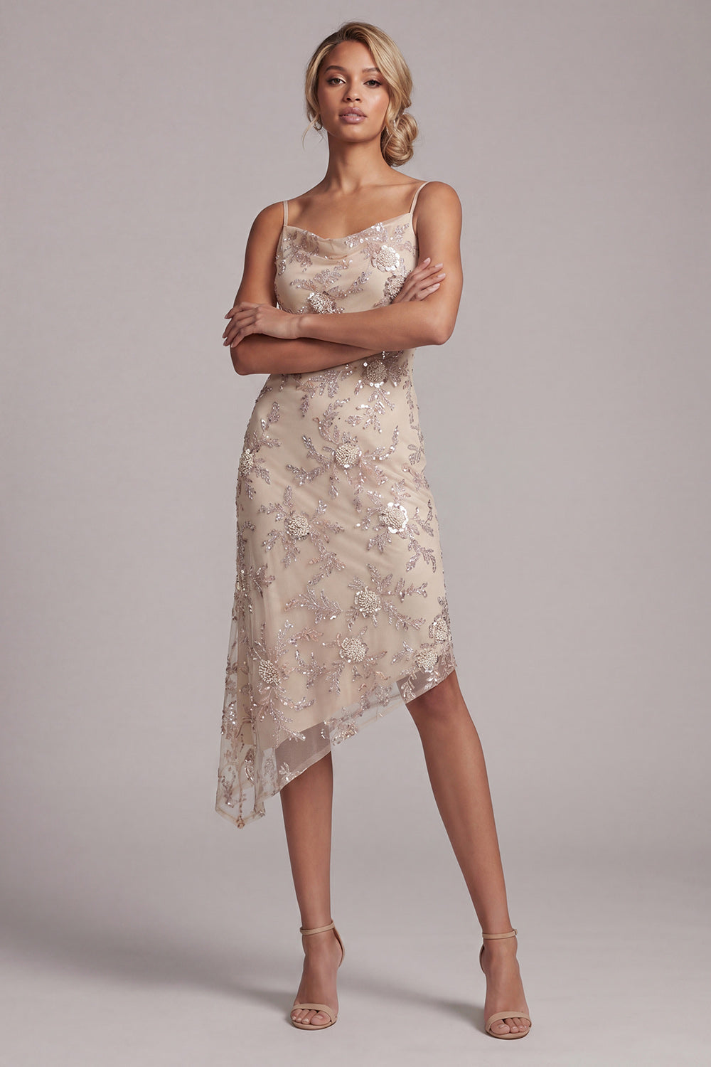 Champagne Sheath Cowl Asymmetrical Pearl Mother of the Bride Dress with Sequins