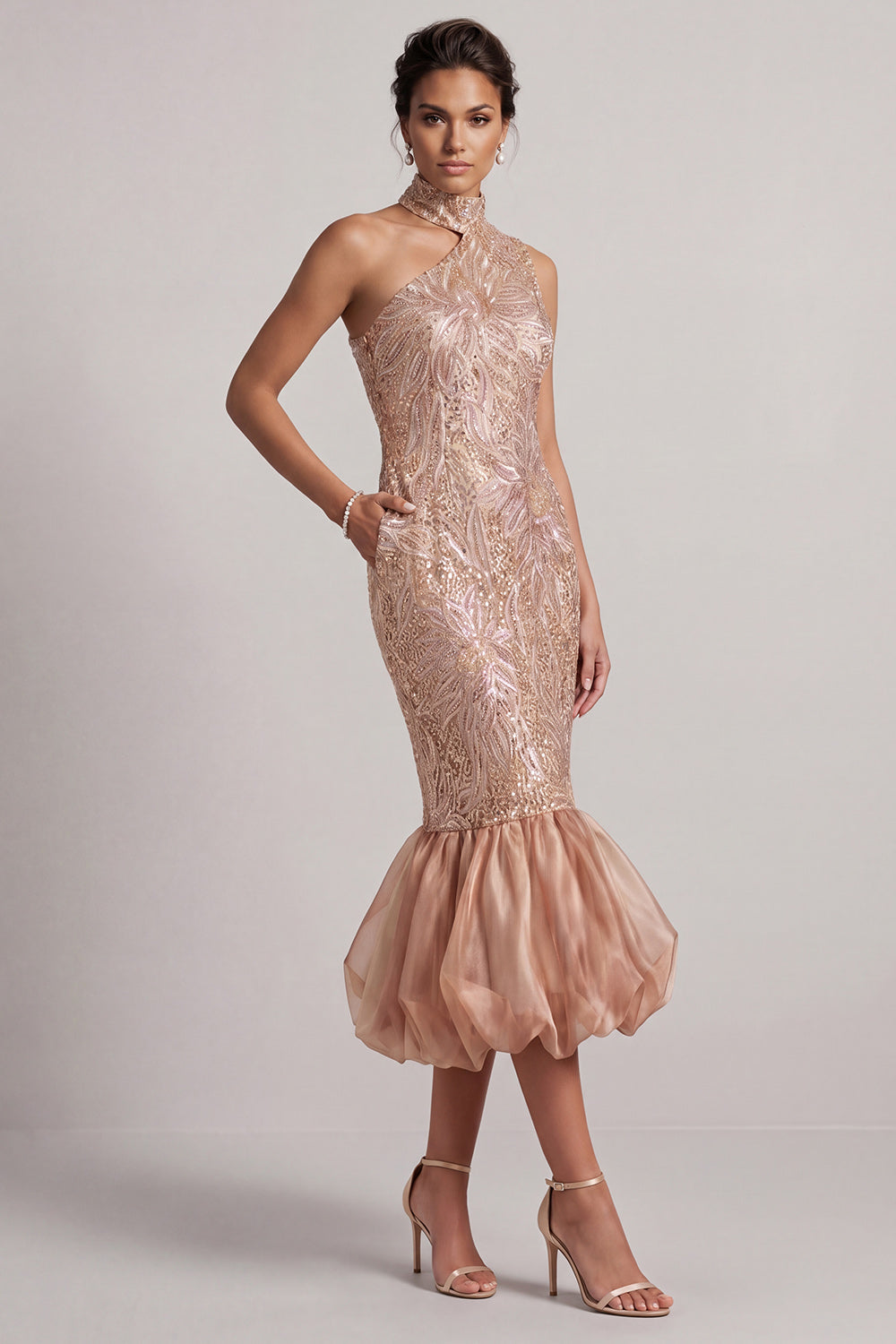 Blush Mermaid High Neck Pockets Bubble Hem Midi Mother of the Bride Dress with Sequins