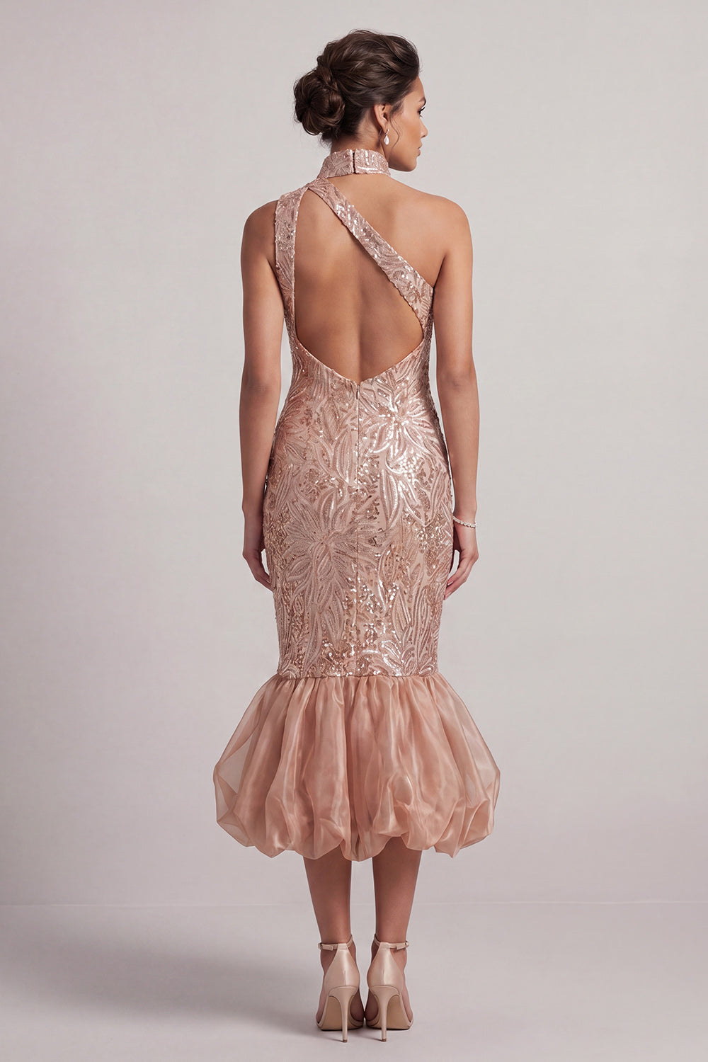 Blush Mermaid High Neck Pockets Bubble Hem Midi Mother of the Bride Dress with Sequins