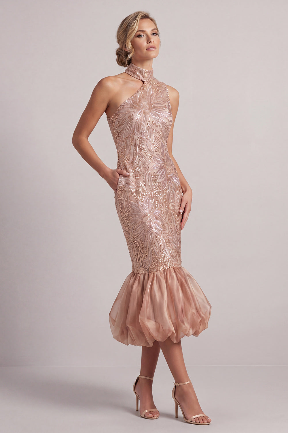 Blush Mermaid High Neck Pockets Bubble Hem Midi Mother of the Bride Dress with Sequins