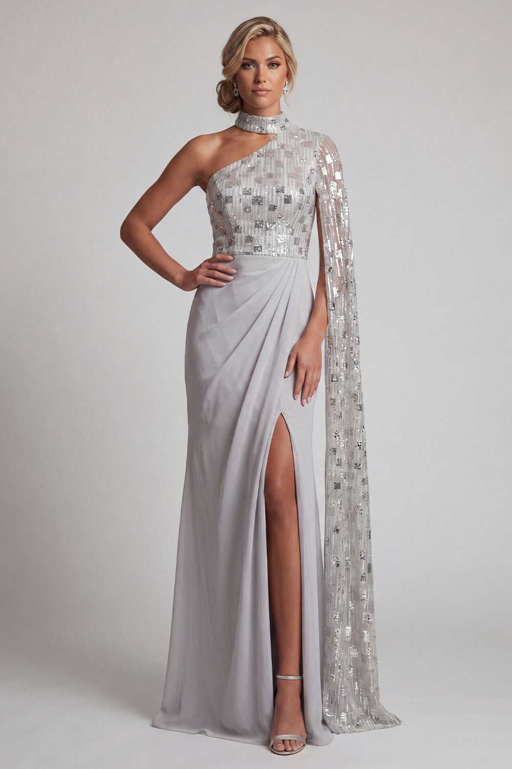Grey Sheath High Neck Ruched One Shoulder Long Mother of the Bride Dress