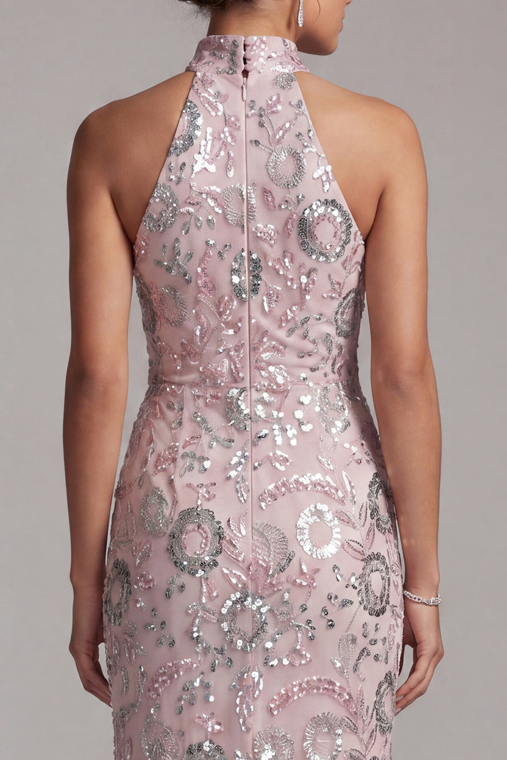 Light Pink Sheath Halter Sequins Long Mother of the Bride Dress with Side Slit