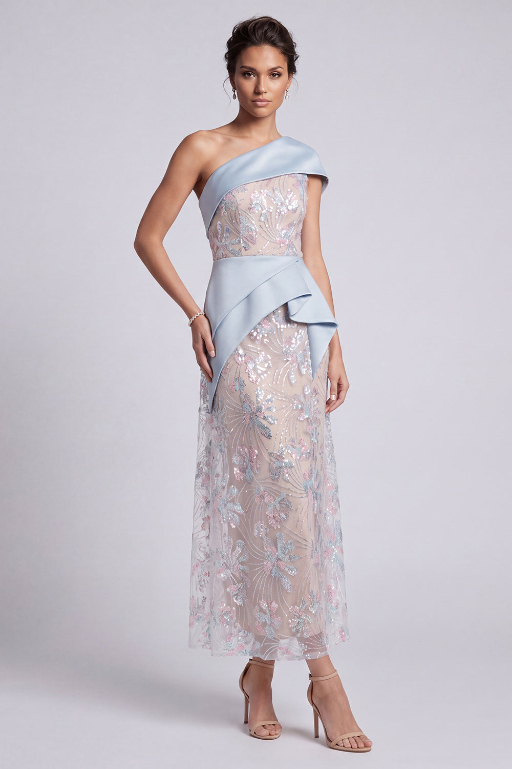 Robe de Mère de la Mariée Longue Bleu Clair Fourreau Asymétrique Paillettes Drapée
