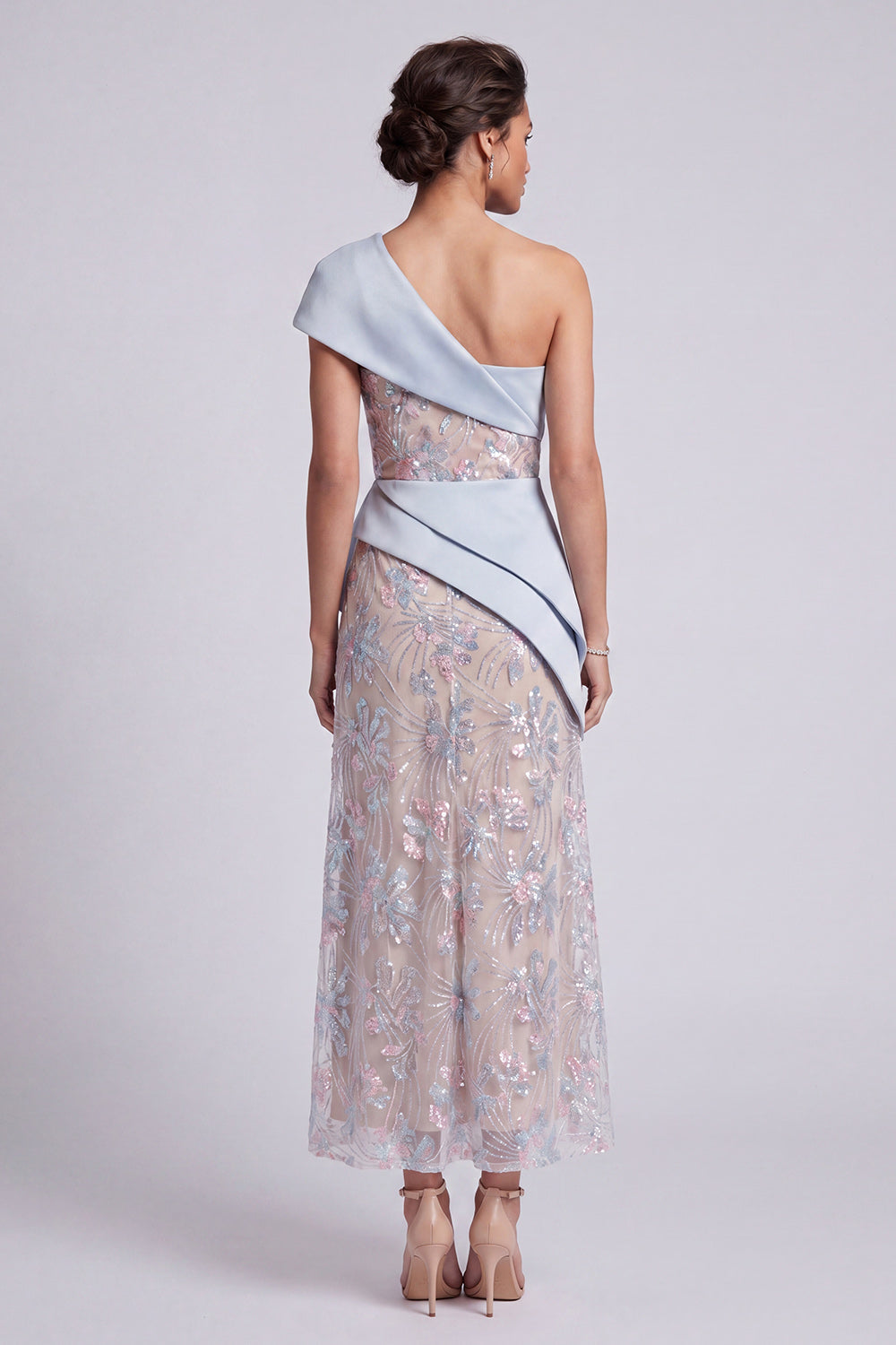 Robe de Mère de la Mariée Longue Bleu Clair Fourreau Asymétrique Paillettes Drapée