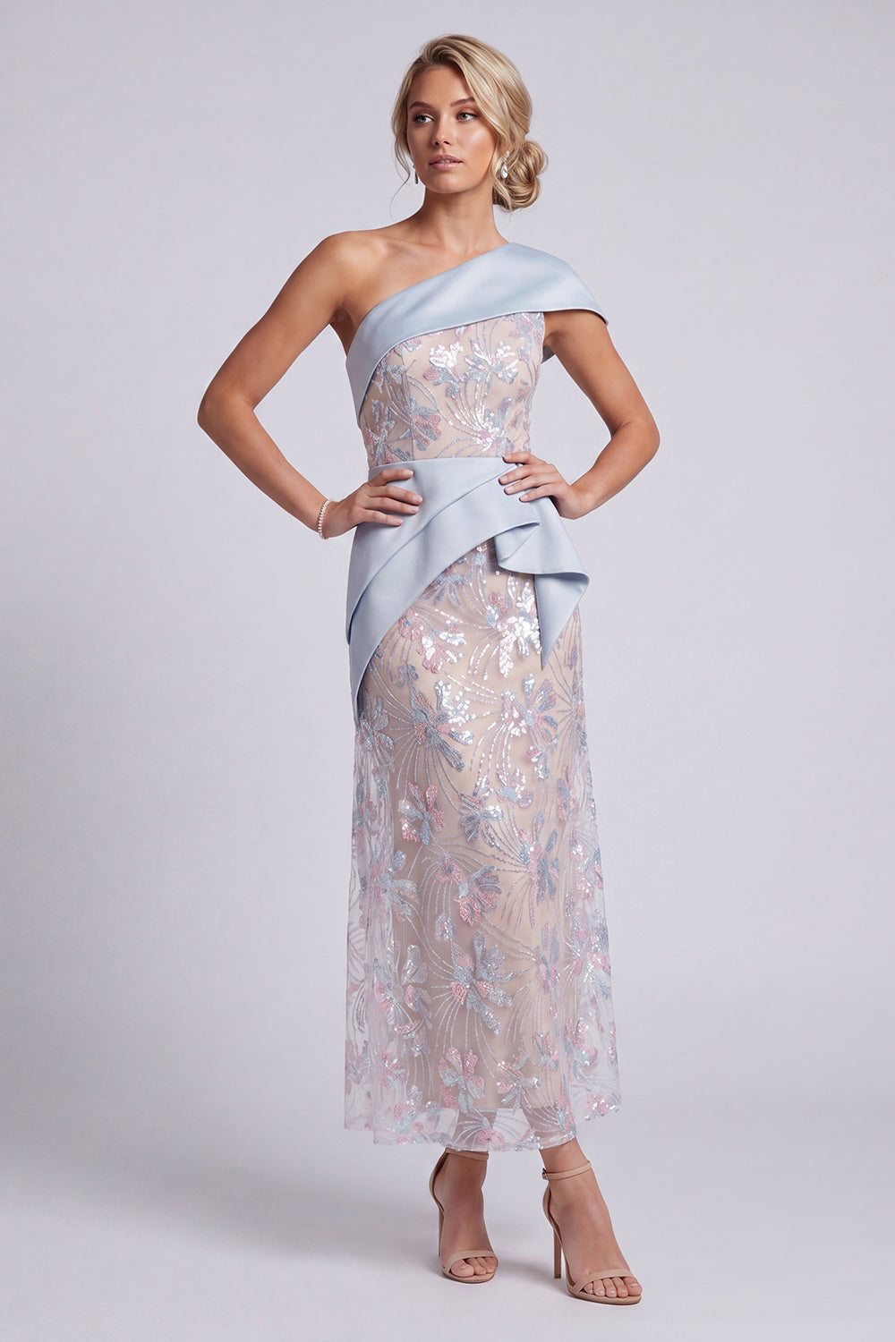 Robe de Mère de la Mariée Longue Bleu Clair Fourreau Asymétrique Paillettes Drapée