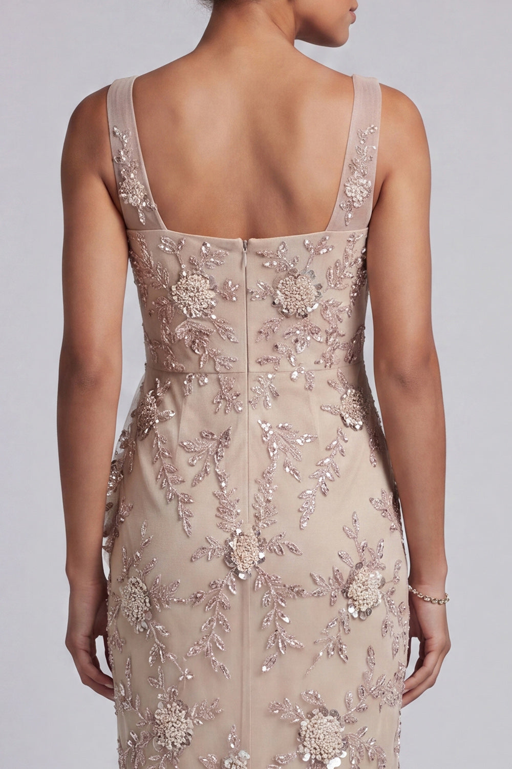 Champagne Sheath Square Neck Ruched Sequins Mother of the Bride Dress with Embroidery