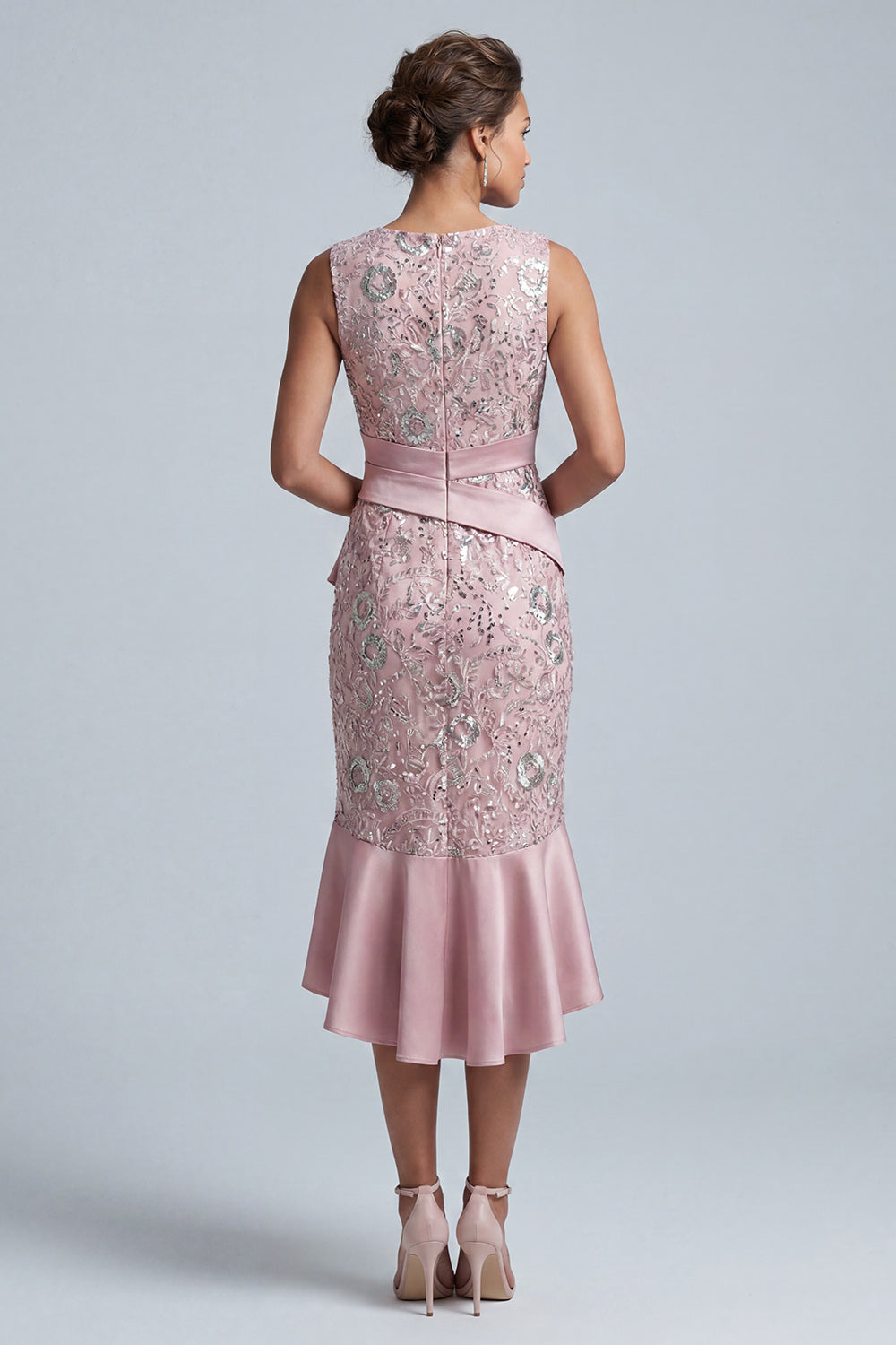 Light Pink Sheath Round Neck Ruffled Midi Mother of the Bride Dress with Sequins