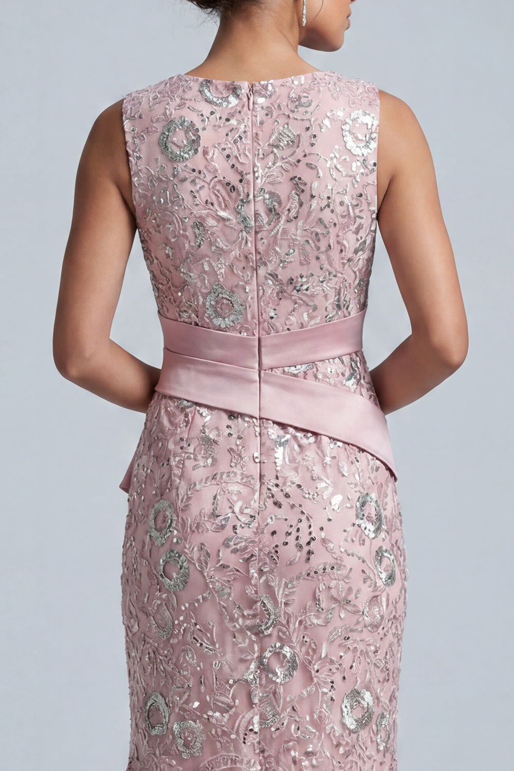Light Pink Sheath Round Neck Ruffled Midi Mother of the Bride Dress with Sequins