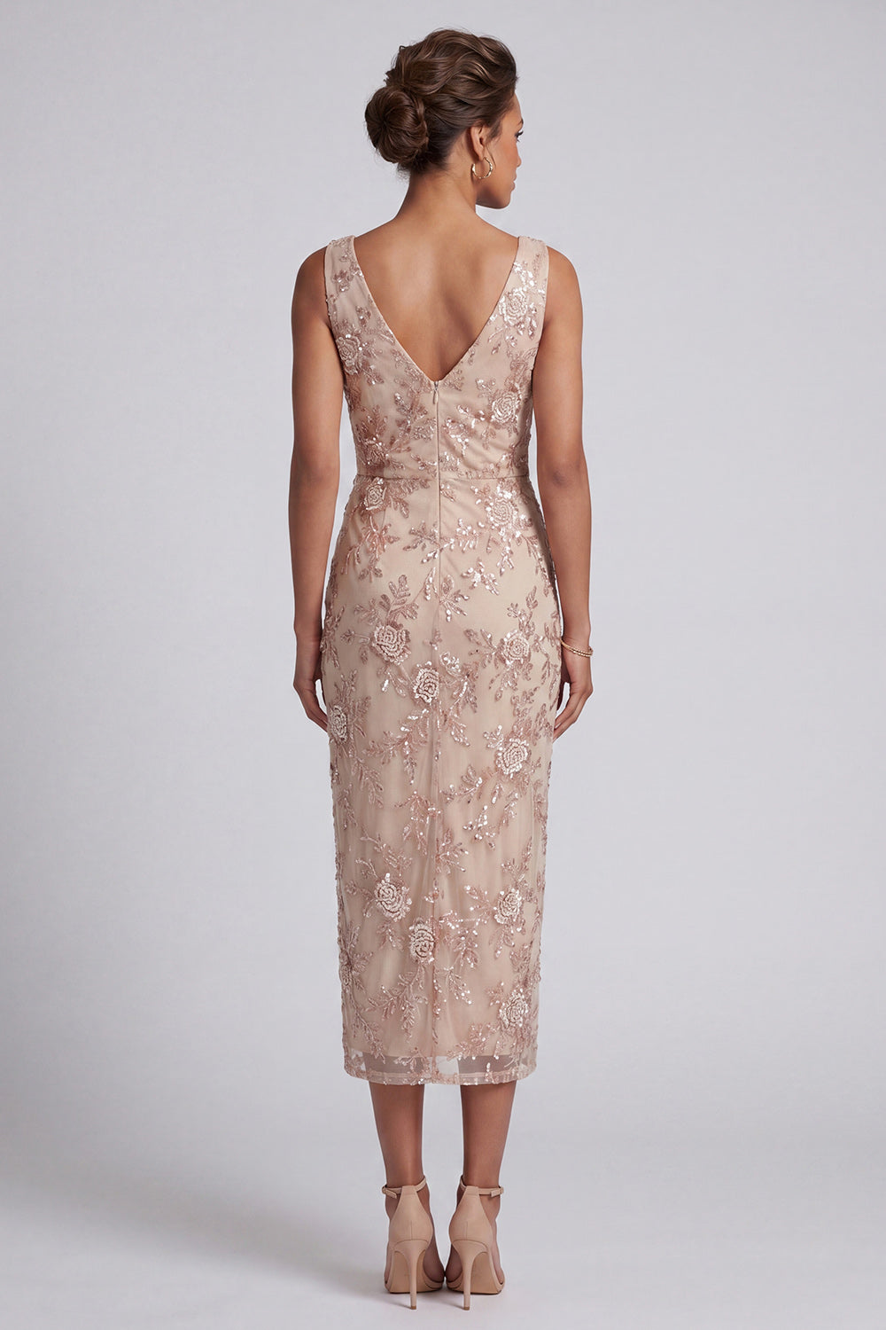 Champagne Sheath Cowl Neck Ruched Midi Mother of the Bride Dress with Side Slit
