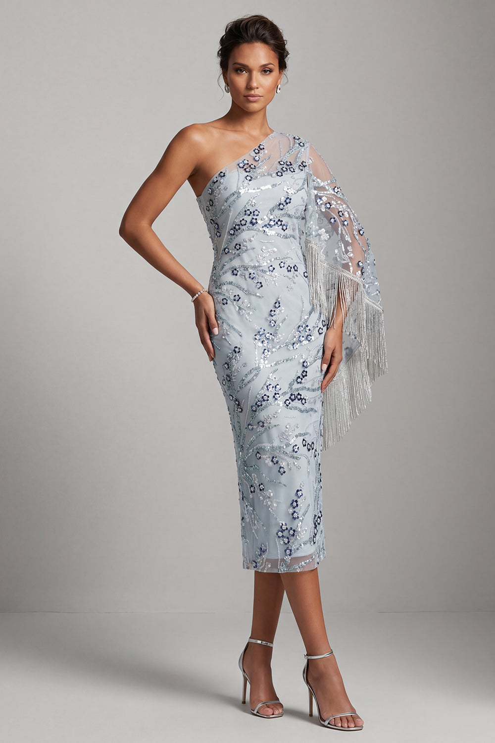 Light Blue Sheath One Shoulder Embroidered Midi Mother of the Bride Dress with Fringes