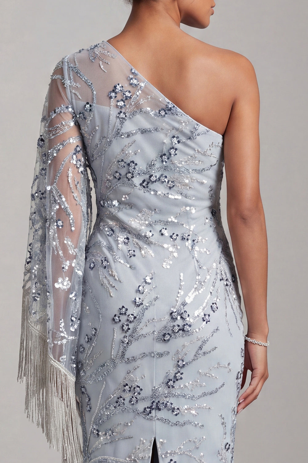 Light Blue Sheath One Shoulder Embroidered Midi Mother of the Bride Dress with Fringes