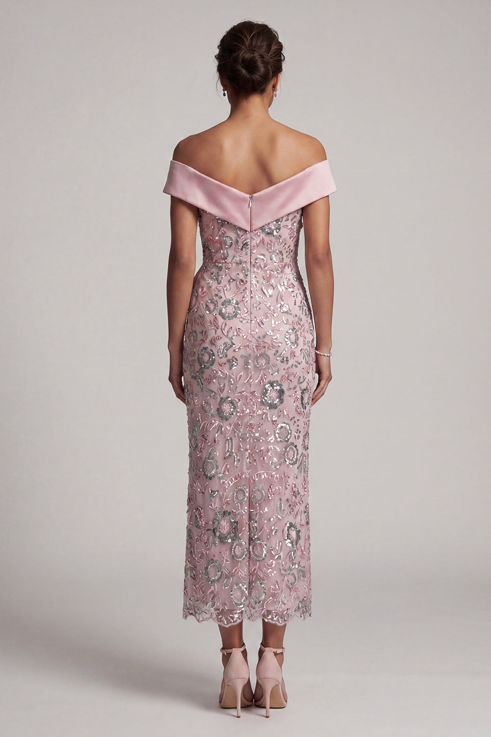 Light Pink Sheath Off the Shoulder Sequins Tea-Length Mother of the Bride Dress with Draping