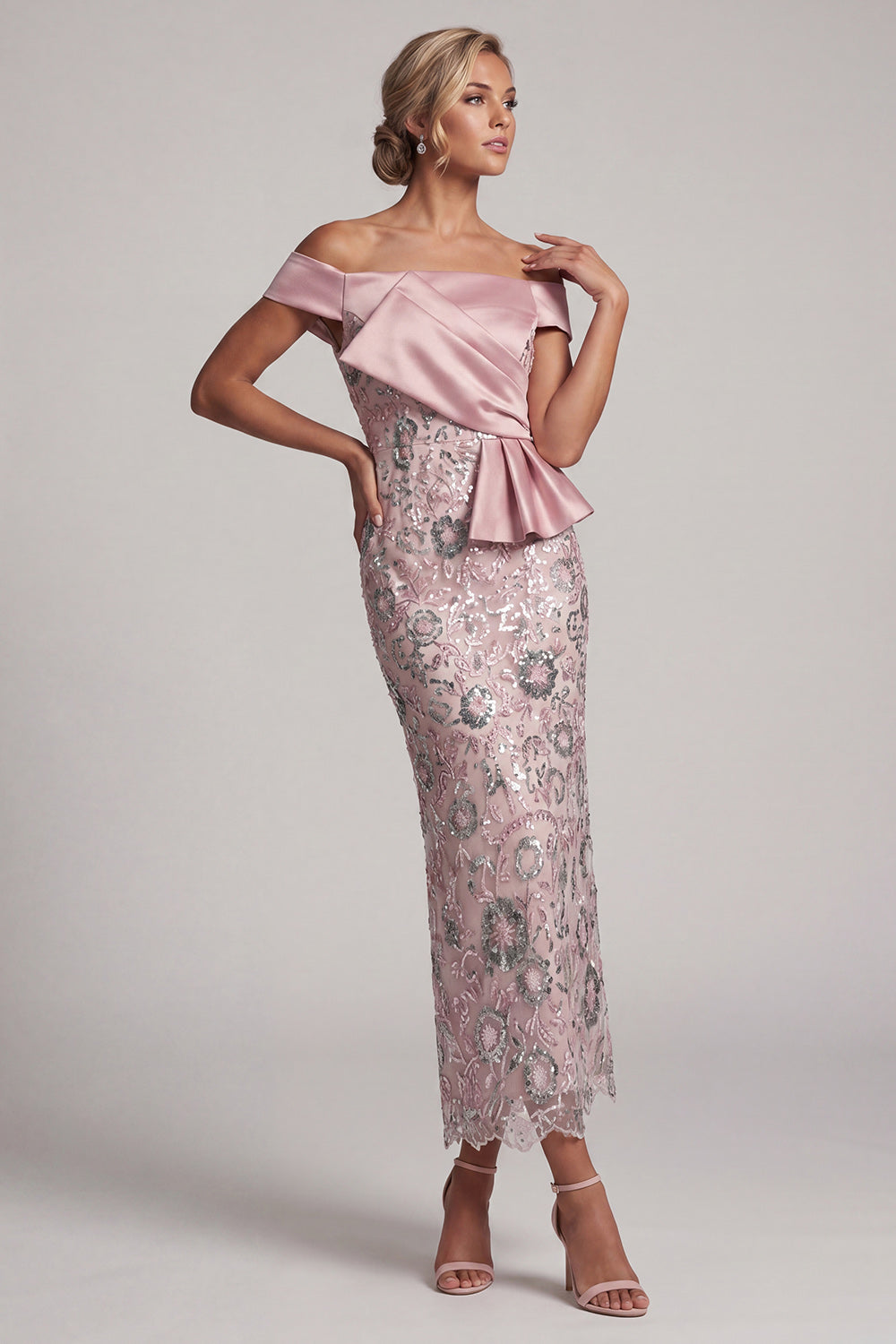 Light Pink Sheath Off the Shoulder Sequins Tea-Length Mother of the Bride Dress with Draping