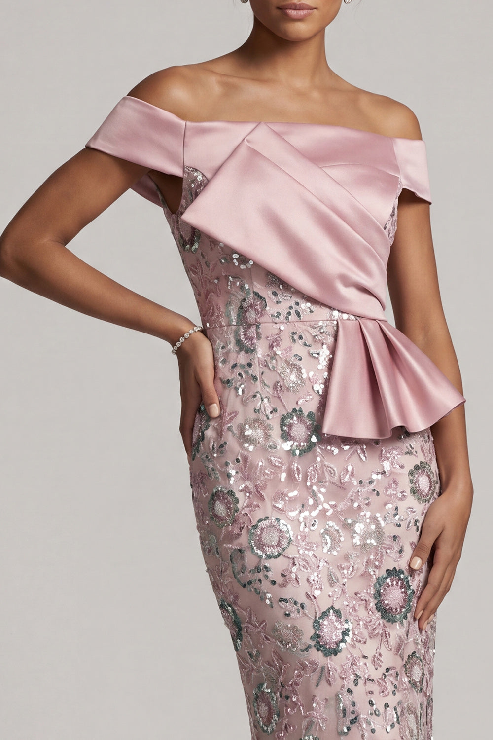 Light Pink Sheath Off the Shoulder Sequins Tea-Length Mother of the Bride Dress with Draping